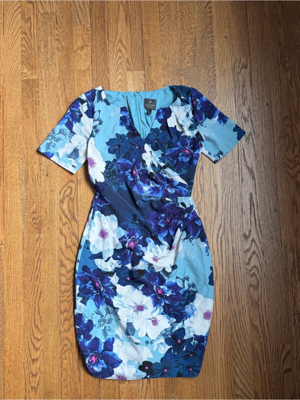 Adrianna Papell Blue & White Floral Print Short Sleeve Sheath Dress Size 2